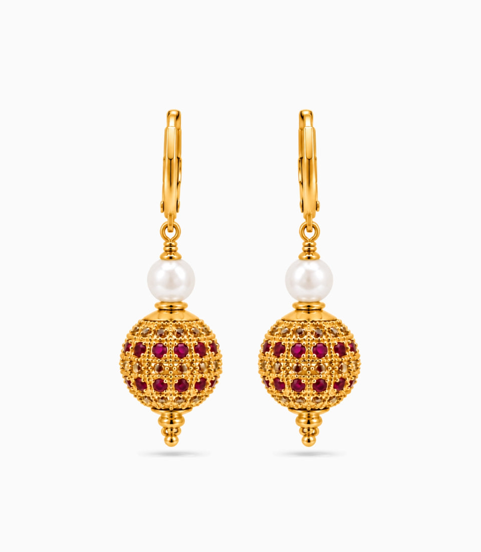 Gold Plated White Red AD & Pearl Hoop Earrings