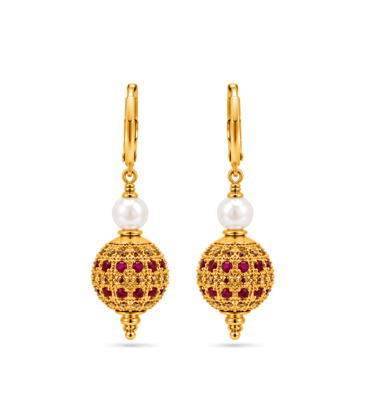 Gold Plated White Red AD & Pearl Hoop Earrings