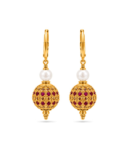 Gold Plated White Red AD & Pearl Hoop Earrings