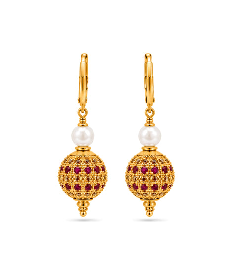 Gold Plated White Red AD & Pearl Hoop Earrings
