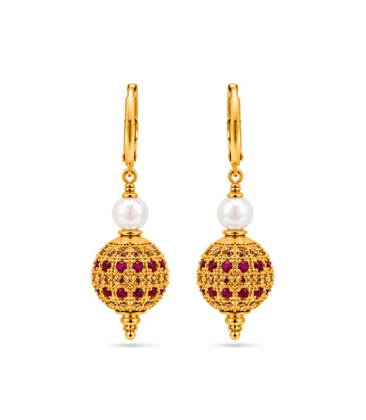 Gold Plated White Red AD & Pearl Hoop Earrings