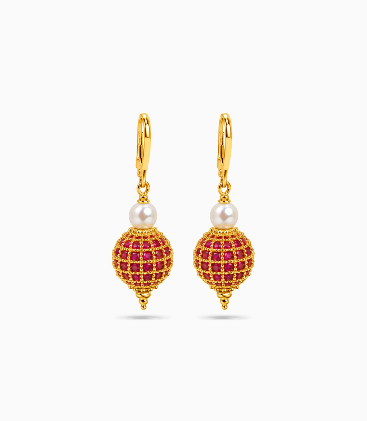 Gold Plated Red AD Globe & Pearl Hoop Earrings