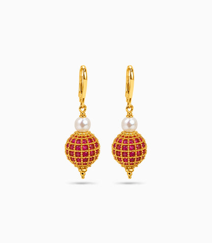 Gold Plated Red AD Globe & Pearl Hoop Earrings