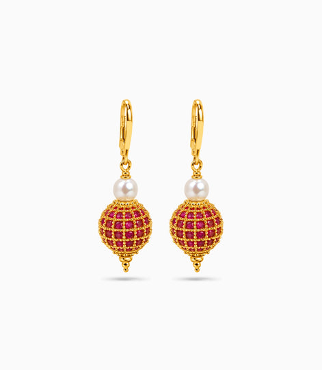 Gold Plated Red AD Globe & Pearl Hoop Earrings