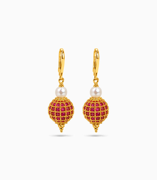 Gold Plated Red AD Globe & Pearl Hoop Earrings