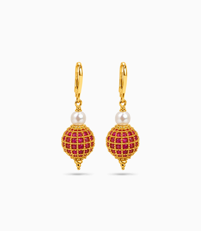 Gold Plated Red AD Globe & Pearl Hoop Earrings