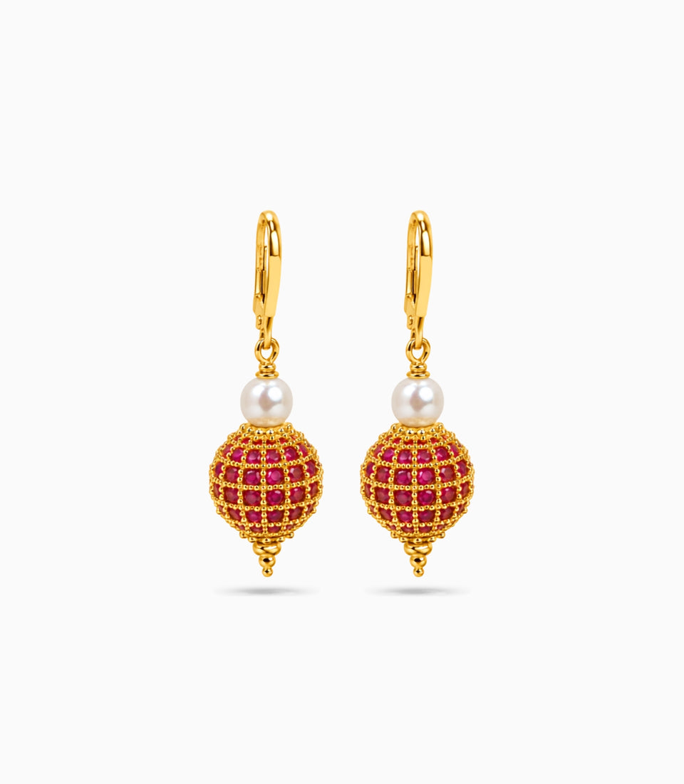 Gold Plated Red AD Globe & Pearl Hoop Earrings