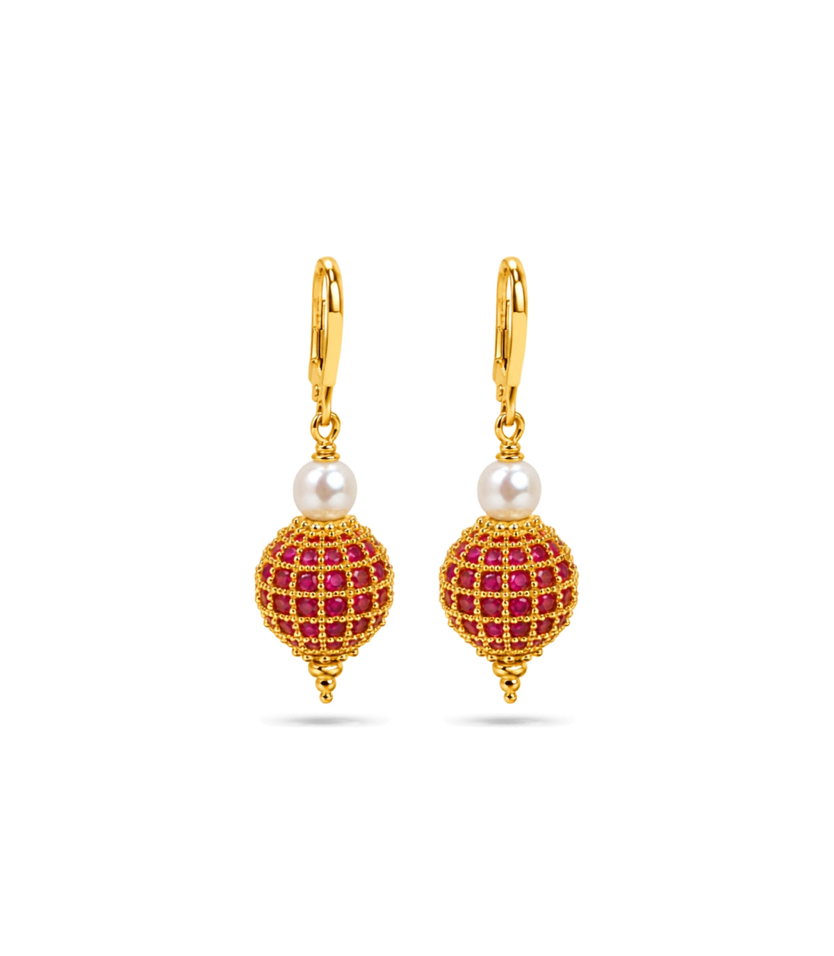 Gold Plated Red AD Globe & Pearl Hoop Earrings
