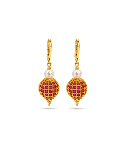 Gold Plated Red AD Globe & Pearl Hoop Earrings