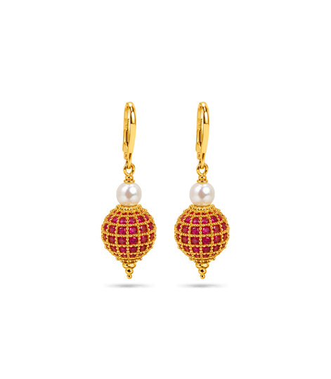 Gold Plated Red AD Globe & Pearl Hoop Earrings