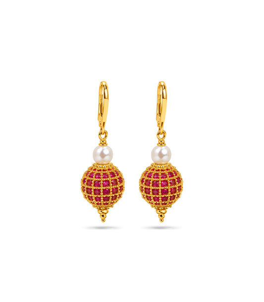 Gold Plated Red AD Globe & Pearl Hoop Earrings