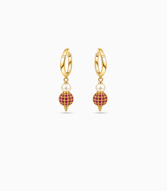 Gold Plated Red AD & Pearl Hoop Earrings