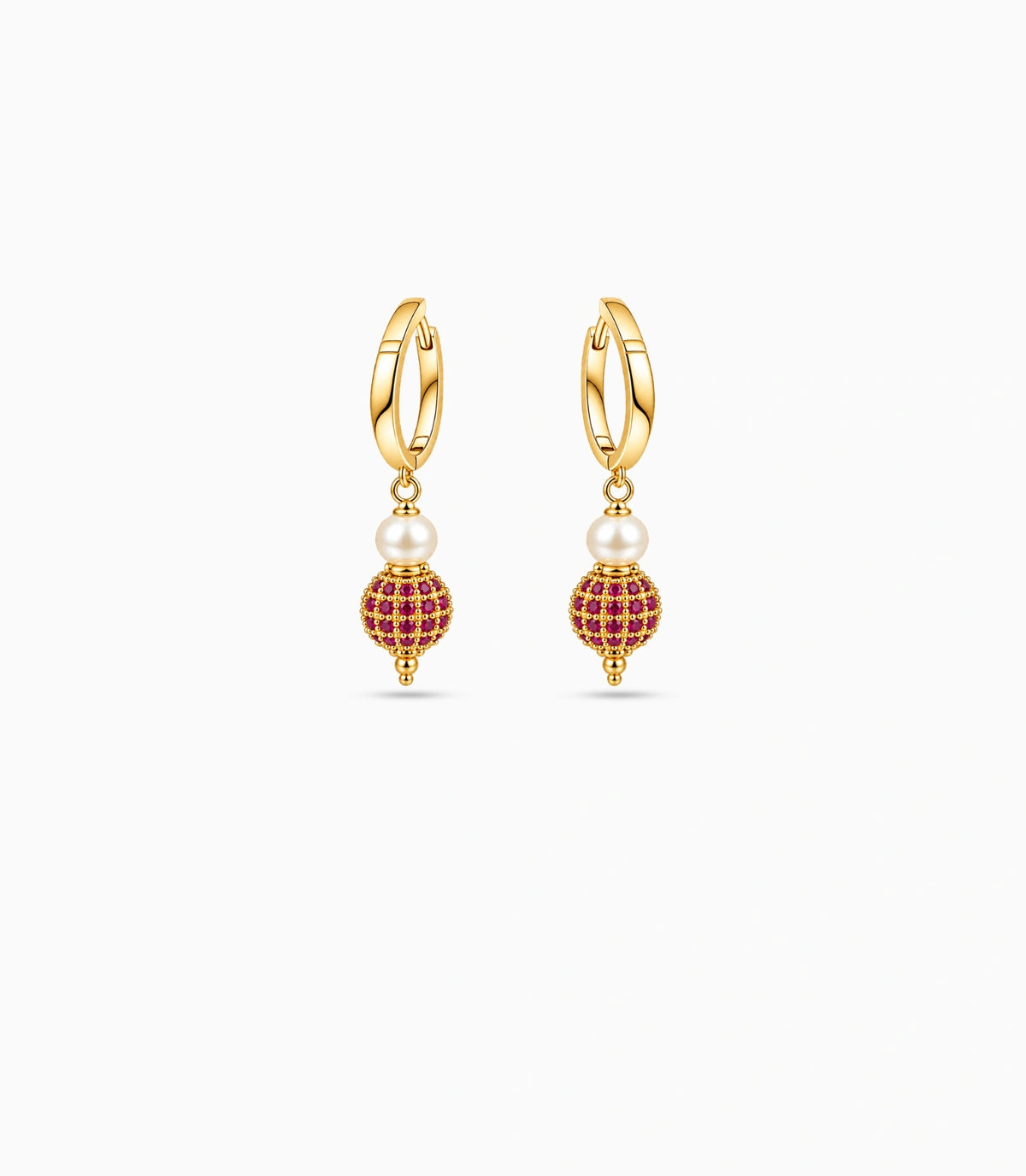 Gold Plated Red AD & Pearl Hoop Earrings