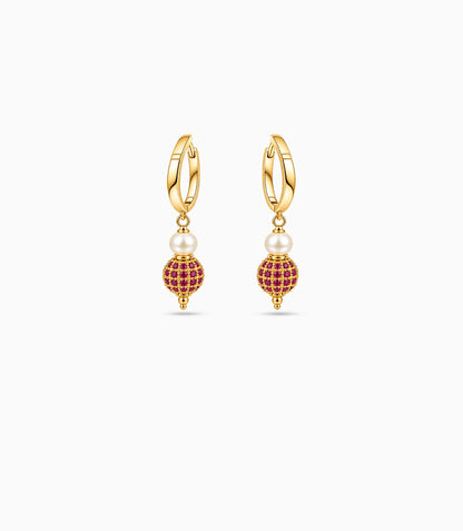 Gold Plated Red AD & Pearl Hoop Earrings