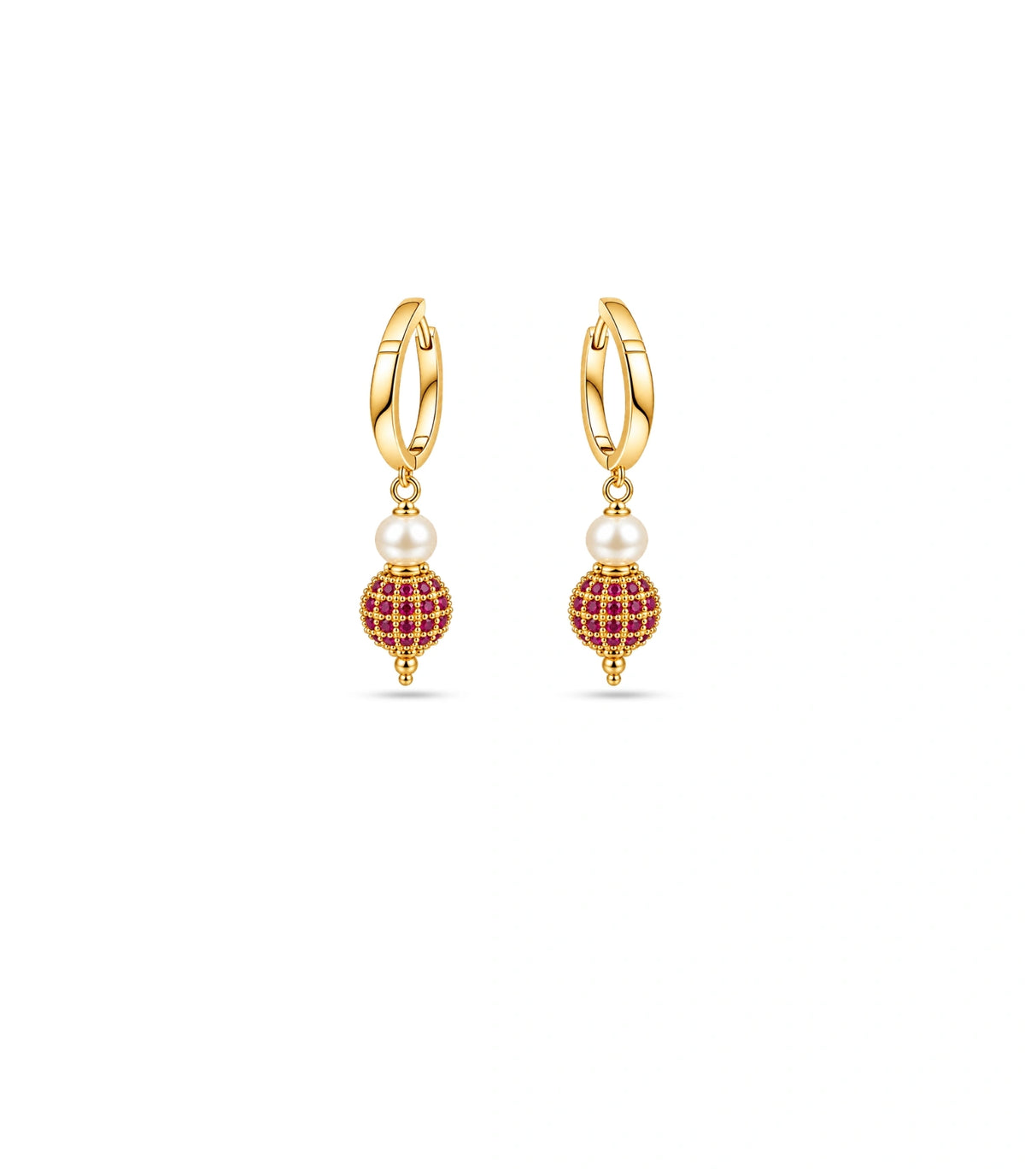 Gold Plated Red AD & Pearl Hoop Earrings