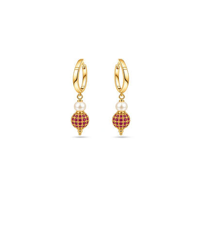Gold Plated Red AD & Pearl Hoop Earrings