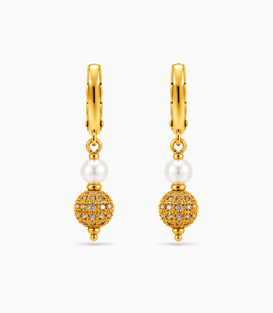 Gold Plated Globe & Pearl Hoop Earrings