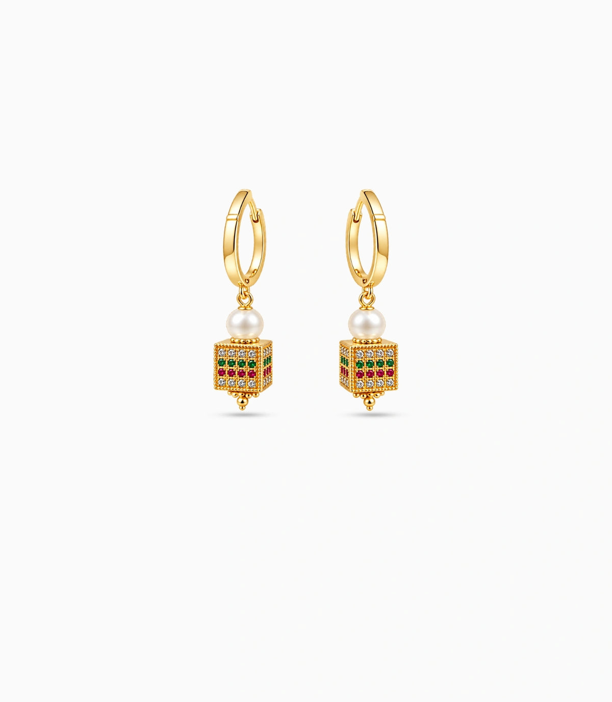 Gold Plated Multi Cube Lantern & Pearl Hoop Earrings