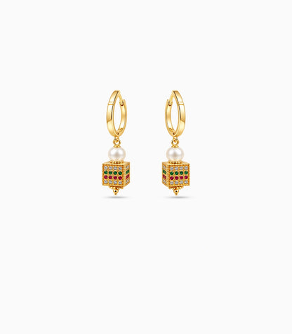 Gold Plated Multi Cube Lantern & Pearl Hoop Earrings
