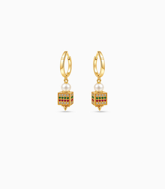 Gold Plated Multi Cube Lantern & Pearl Hoop Earrings