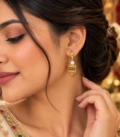 Gold Plated Multi Cube Lantern & Pearl Hoop Earrings