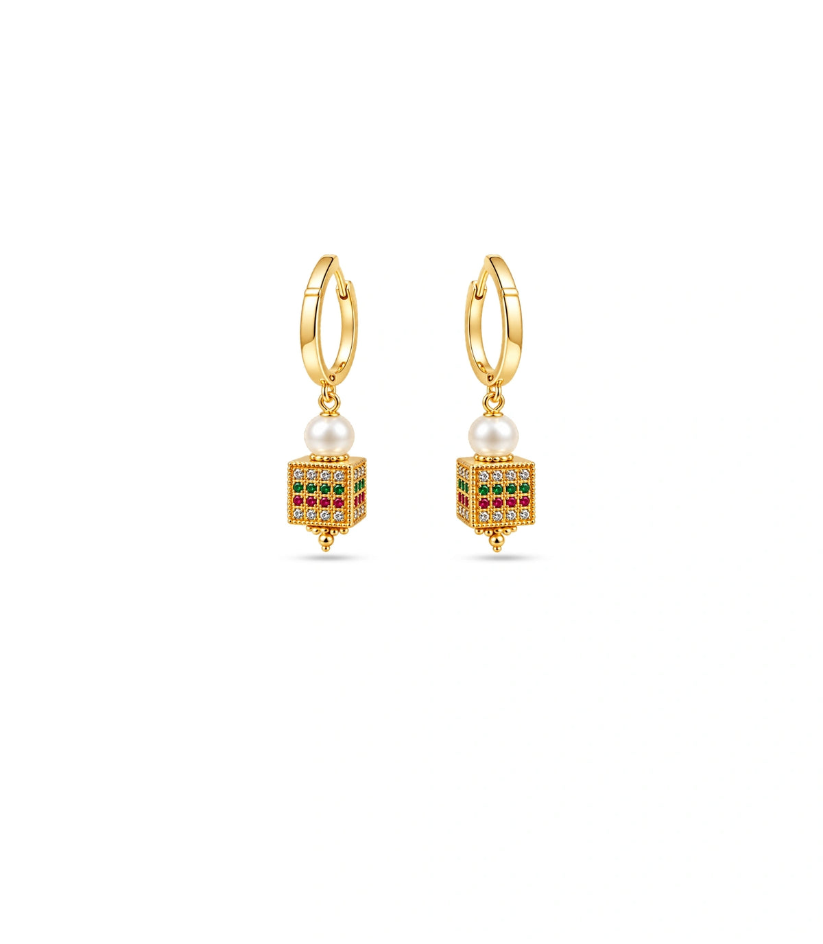 Gold Plated Multi Cube Lantern & Pearl Hoop Earrings