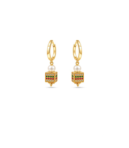 Gold Plated Multi Cube Lantern & Pearl Hoop Earrings