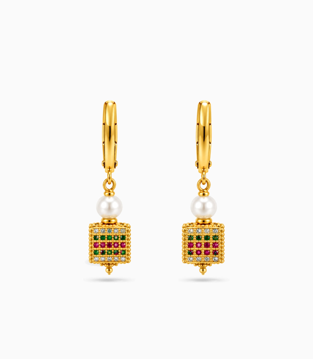 Gold Plated Cube Lantern & Pearl Hoop Earrings