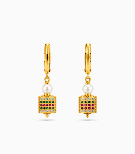 Gold Plated Cube Lantern & Pearl Hoop Earrings