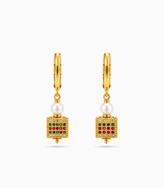 Gold Plated Cube Lantern & Pearl Hoop Earrings