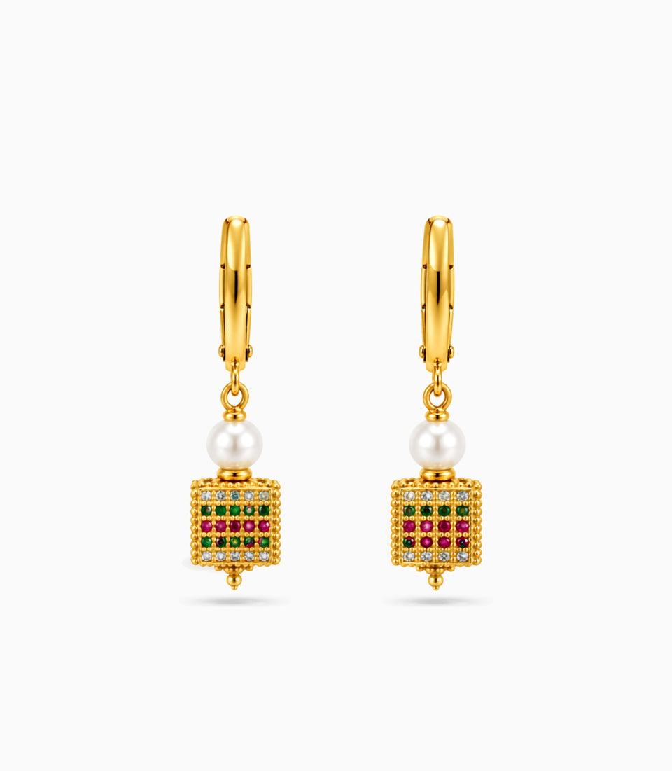 Gold Plated Cube Lantern & Pearl Hoop Earrings