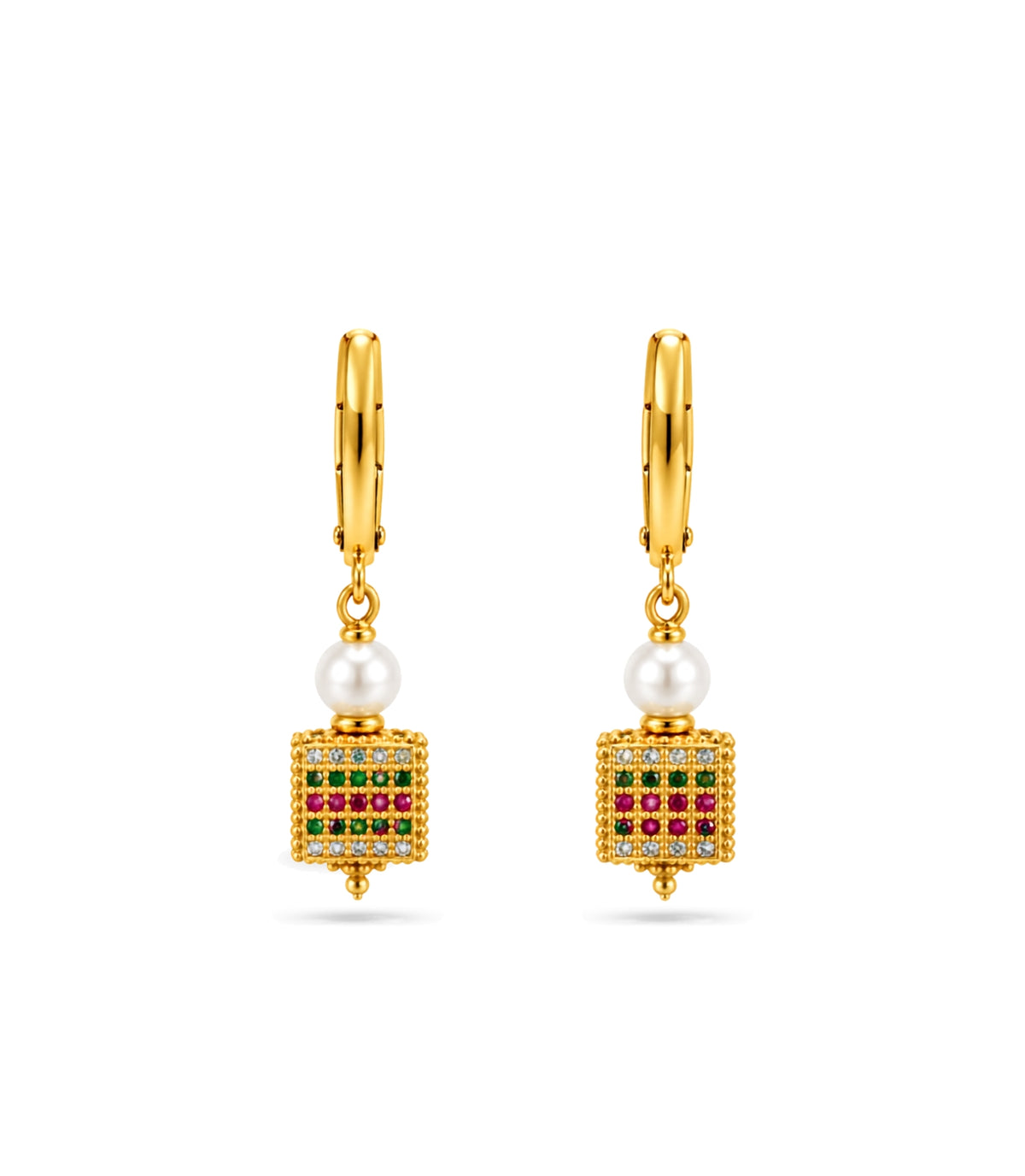 Gold Plated Cube Lantern & Pearl Hoop Earrings