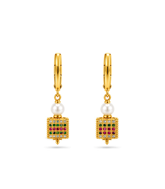 Gold Plated Cube Lantern & Pearl Hoop Earrings