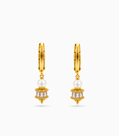 Gold Plated Crystal Drum Pearl Hoop Earrings