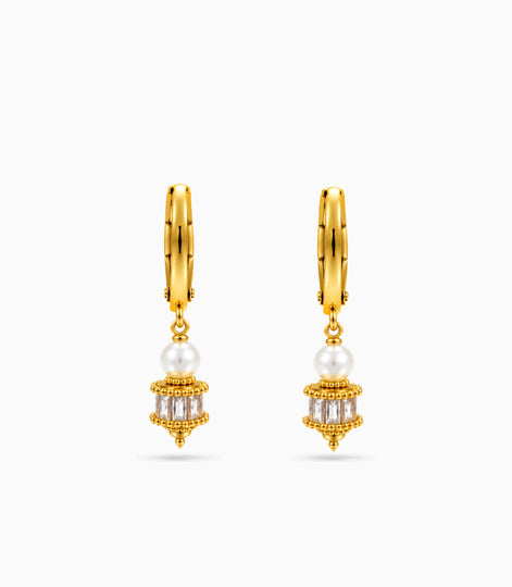 Gold Plated Crystal Drum Pearl Hoop Earrings