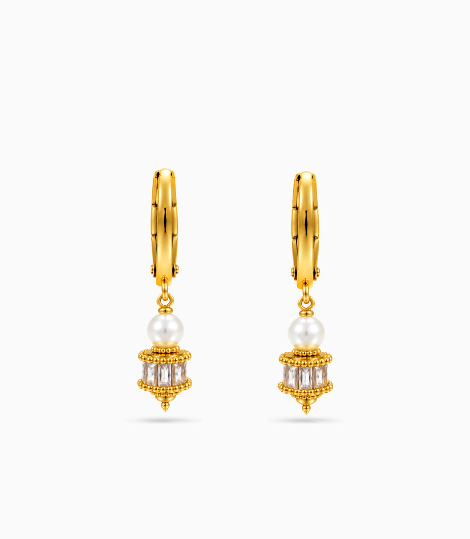 Gold Plated Crystal Drum Pearl Hoop Earrings