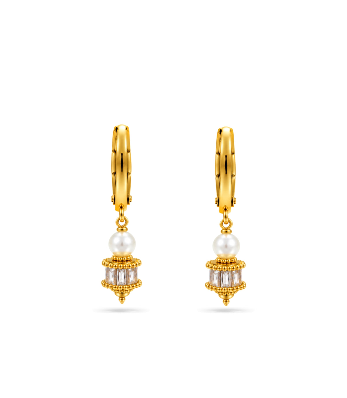 Gold Plated Crystal Drum Pearl Hoop Earrings