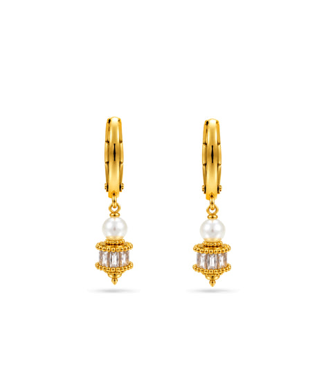 Gold Plated Crystal Drum Pearl Hoop Earrings