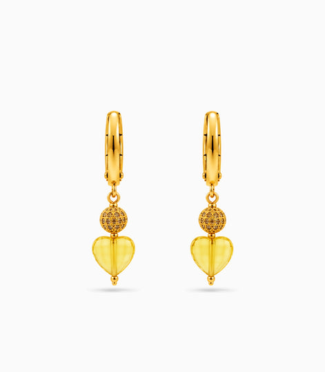 Gold Plated Sphere & Sunshine Yellow Heart Hoop Earrings