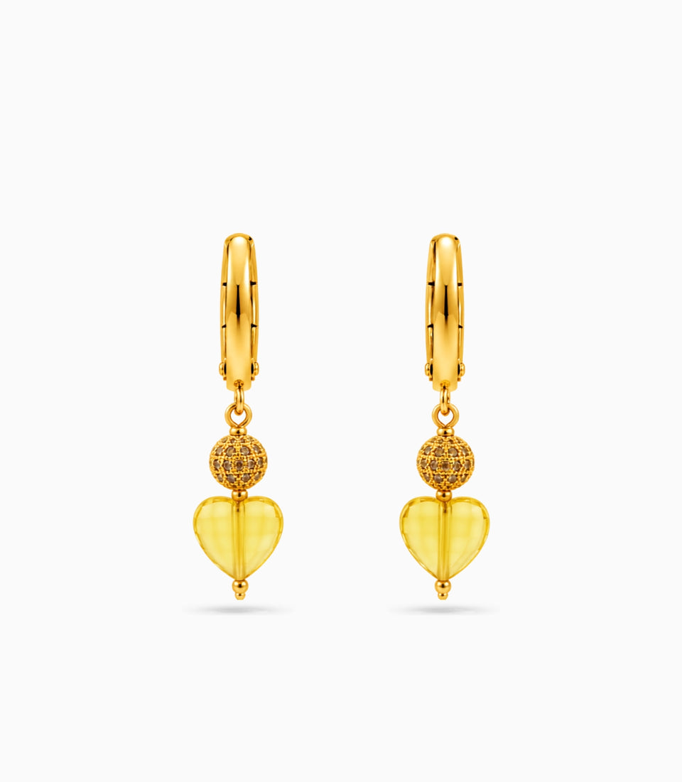 Gold Plated Sphere & Sunshine Yellow Heart Hoop Earrings
