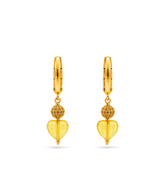 Gold Plated Sphere & Sunshine Yellow Heart Hoop Earrings