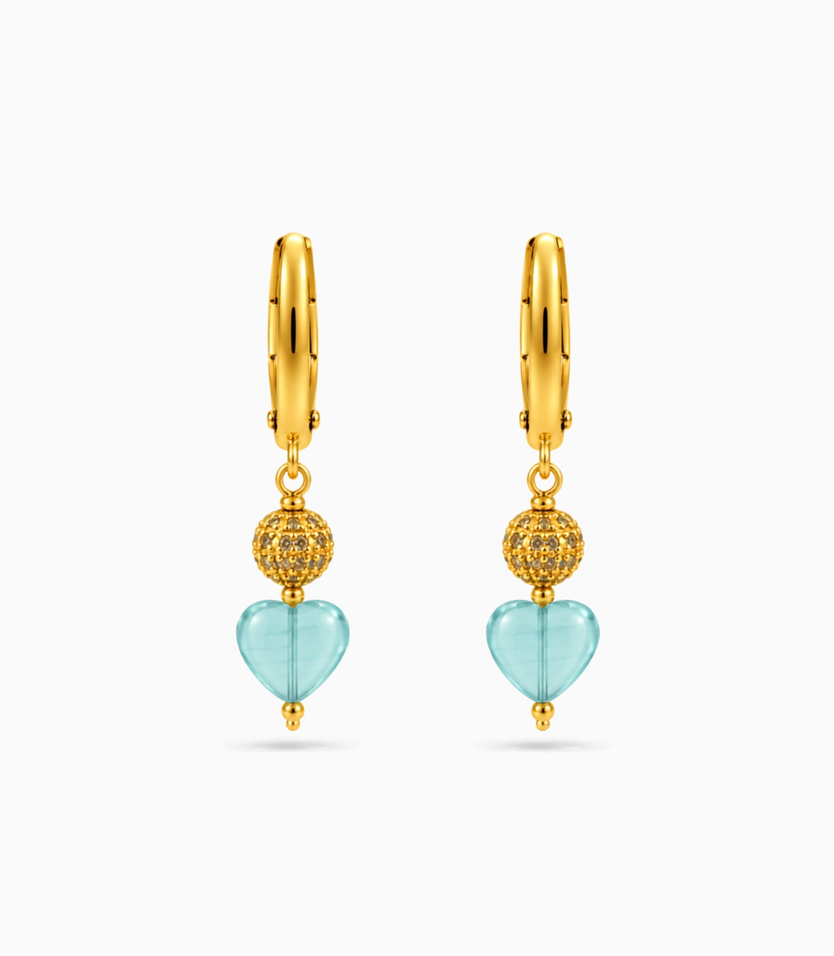 Gold Plated Sphere & Sky Blue Heart Hoop Earrings