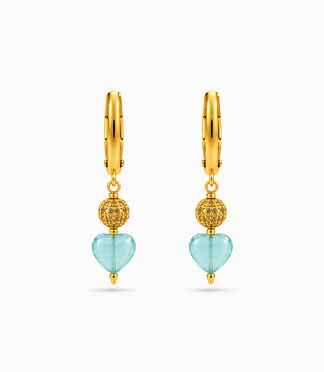 Gold Plated Sphere & Sky Blue Heart Hoop Earrings