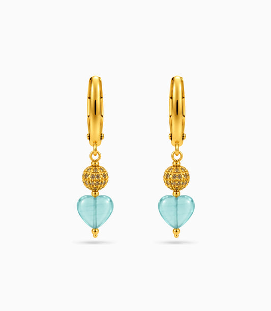 Gold Plated Sphere & Sky Blue Heart Hoop Earrings