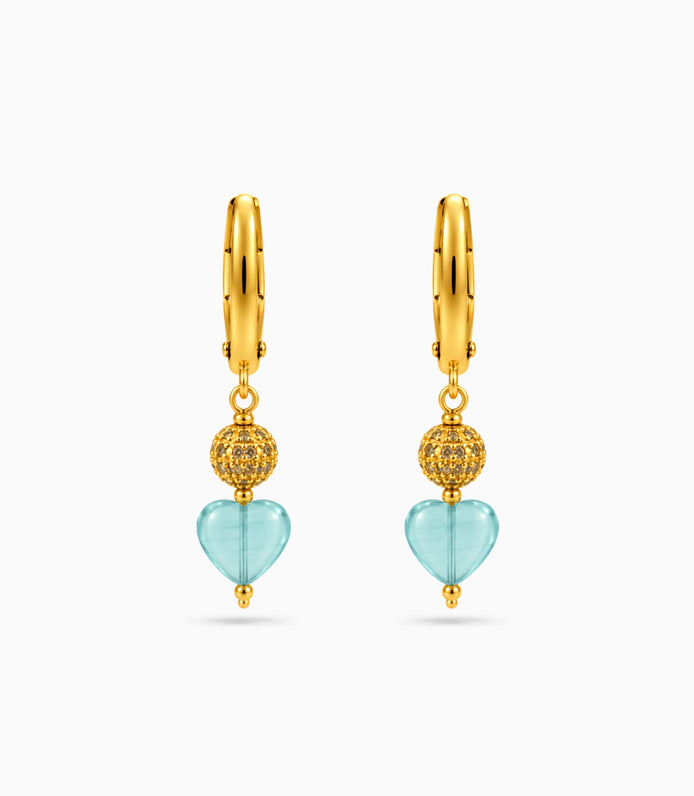 Gold Plated Sphere & Sky Blue Heart Hoop Earrings