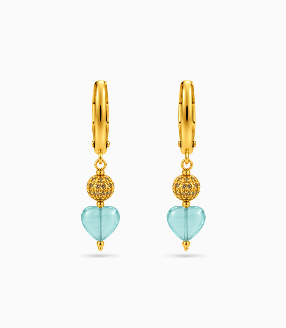 Gold Plated Sphere & Sky Blue Heart Hoop Earrings