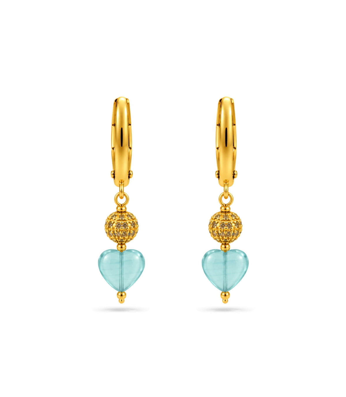 Gold Plated Sphere & Sky Blue Heart Hoop Earrings