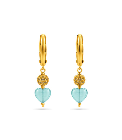 Gold Plated Sphere & Sky Blue Heart Hoop Earrings