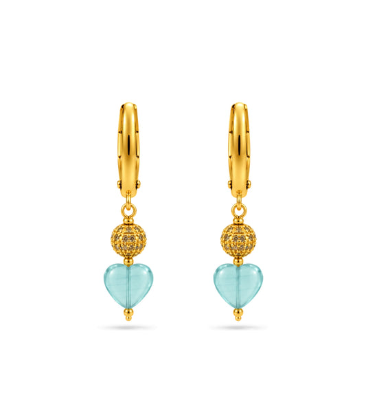 Gold Plated Sphere & Sky Blue Heart Hoop Earrings