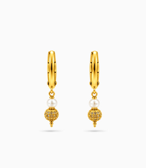 Gold Plated Mini Pearl & Sphere Hoop Earrings